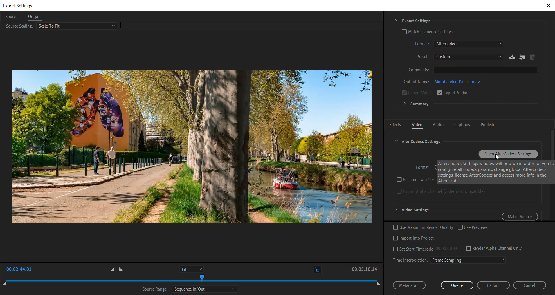 AfterCodecs MultiRender Panel Open Settings