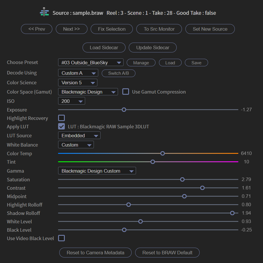 BRAW Studio Panel Premiere Pro Batch Change Settings One BRAW Selected