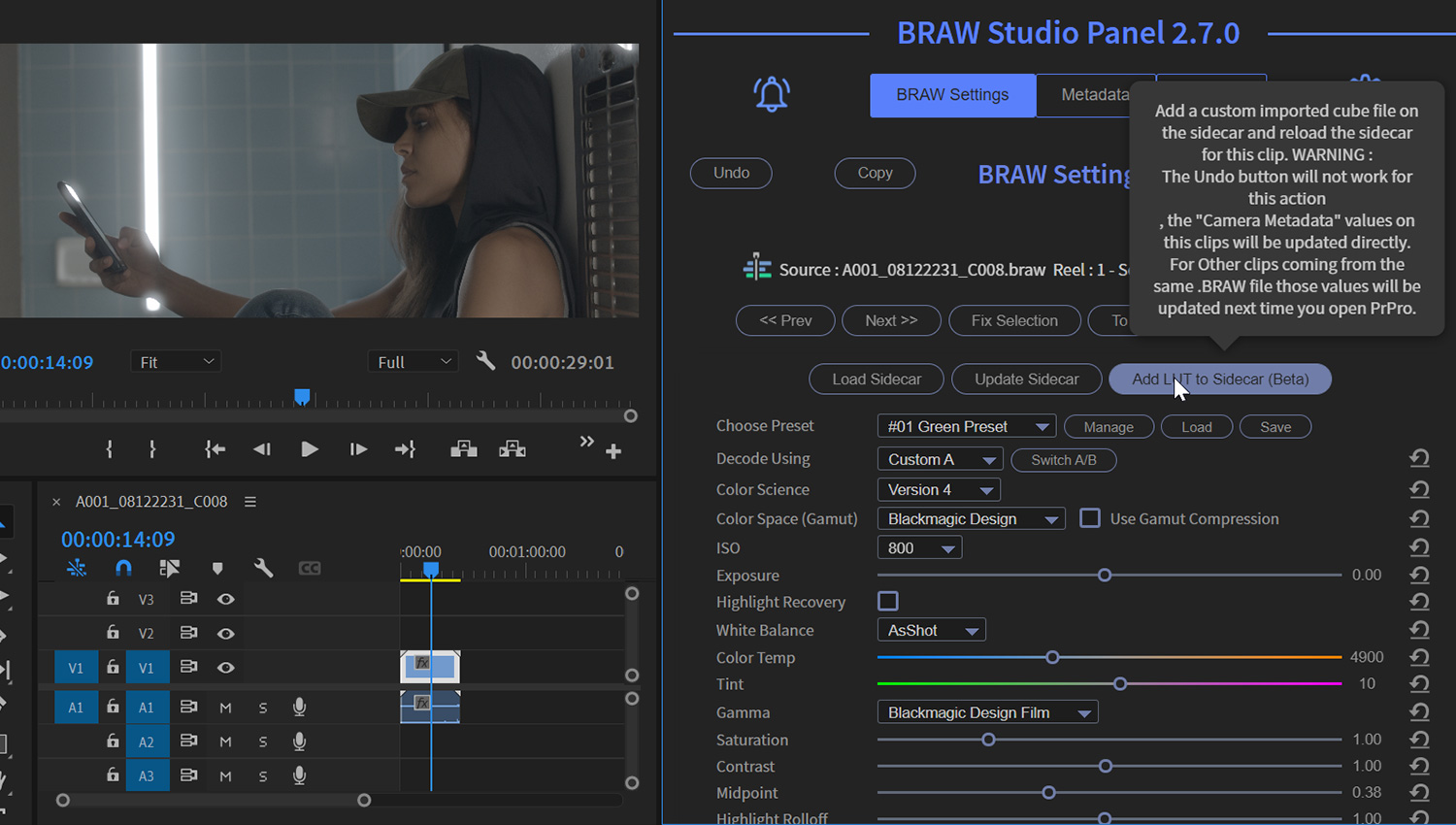 Autokroma BRAW Studio Custom LUT Click Add LUT To Sidecar