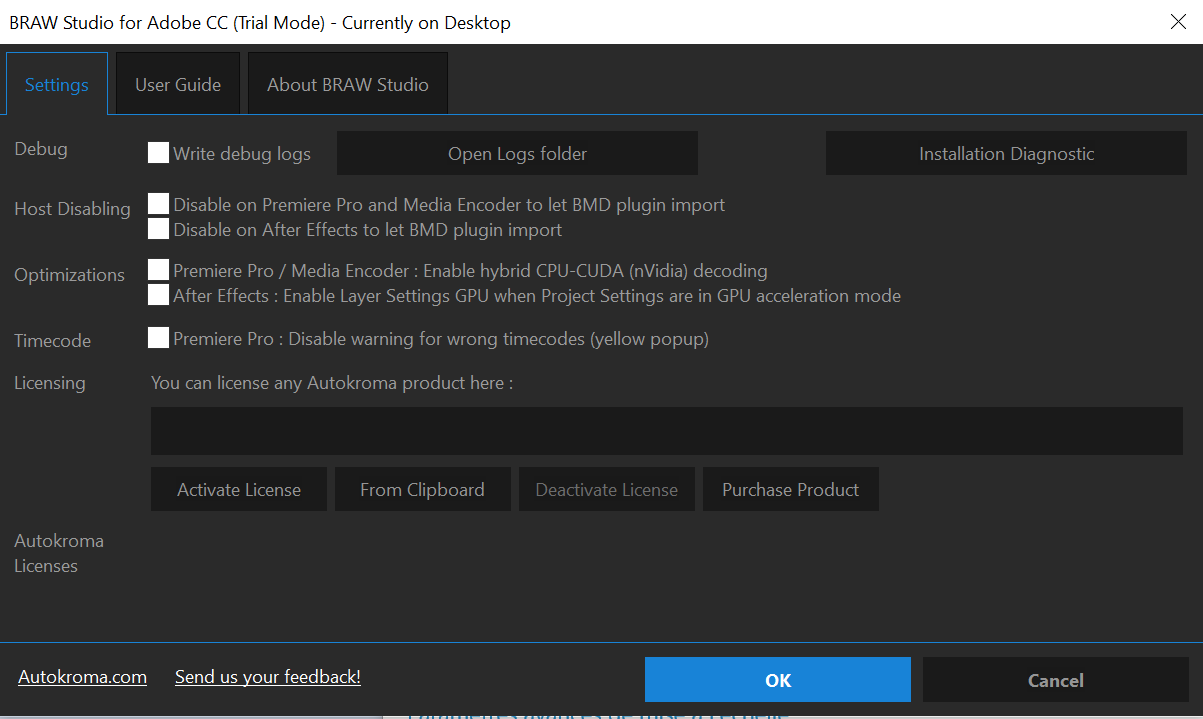 BRAW Studio Settings & License Popup